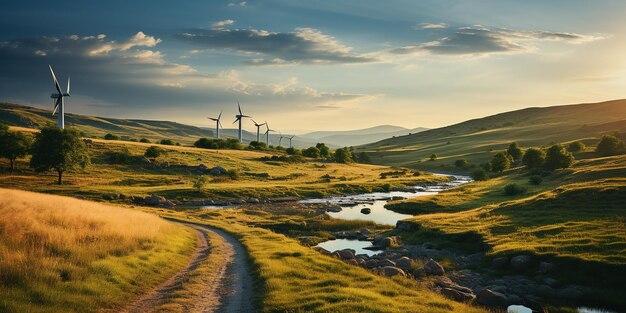 Foto rijen windturbines die stroom opwekken in een schilderachtig avondlandschap in de zomer windmolens die groene energie opwekken op een achtergrond van blauwe lucht