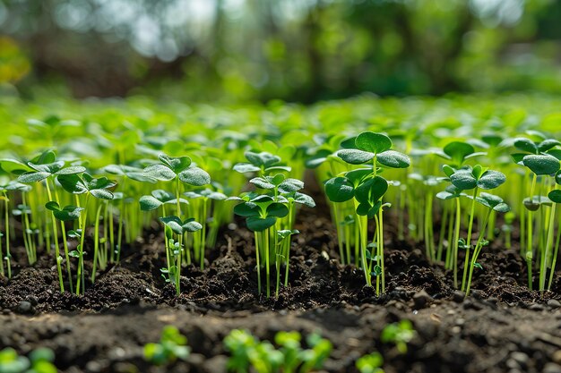 Foto rijen zaailingen die groen groeien in door ai gegenereerde bodem