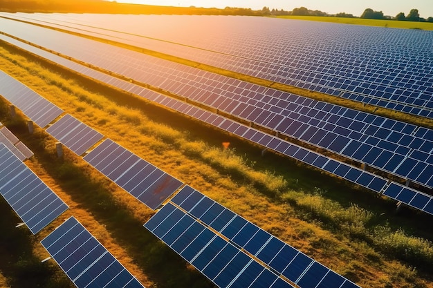 Rijen zonnepanelen die op een veld zijn geïnstalleerd