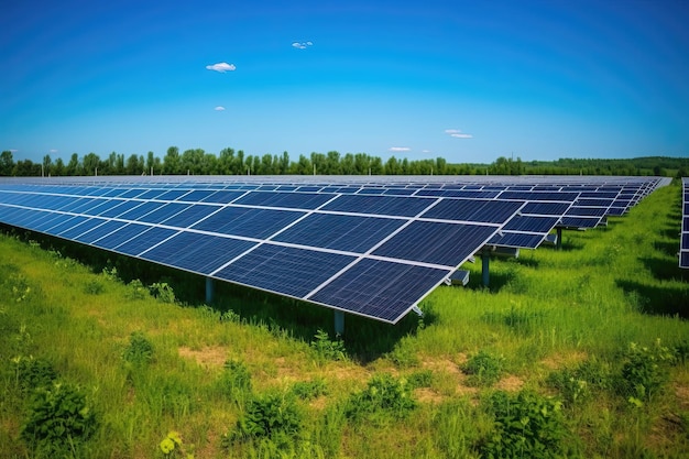 Rijen zonnepanelen die op een veld zijn geïnstalleerd