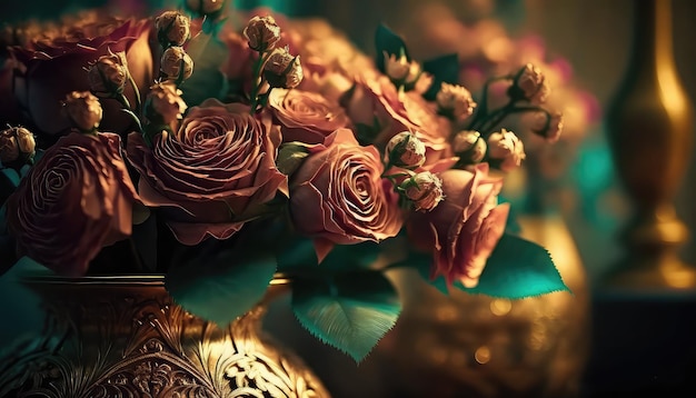 Rijk en elegant bloemenboeketbehang met generatieve ai met gouden touch