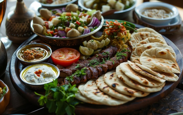 Rijk versierd bord van Midden-Oosterse keuken met kebabs verse salades en een verscheidenheid aan dips en brood