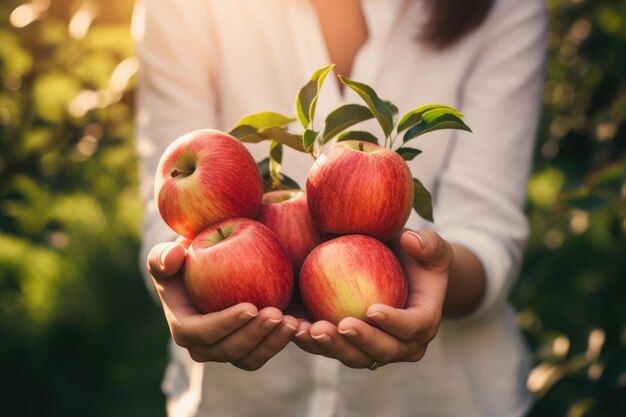 Rijke appels in de handen van een vrouw op de zonnige groene achtergrond van de tuin