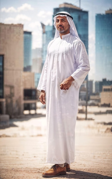 Rijke Arabische zakenman in traditionele witte outfit in de grote stad op de achtergrond generatieve AI