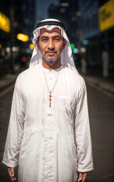 Rijke Arabische zakenman in traditionele witte outfit in de nacht straat achtergrond generatieve AI