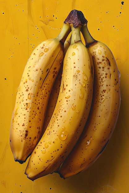 Rijke bananen met waterdruppels op gele achtergrond