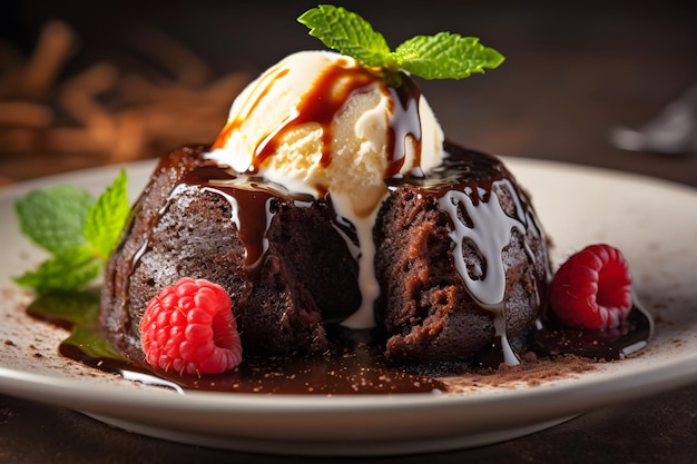 Rijke en heerlijke chocolade lava cake met vanille-ijs Generative AI