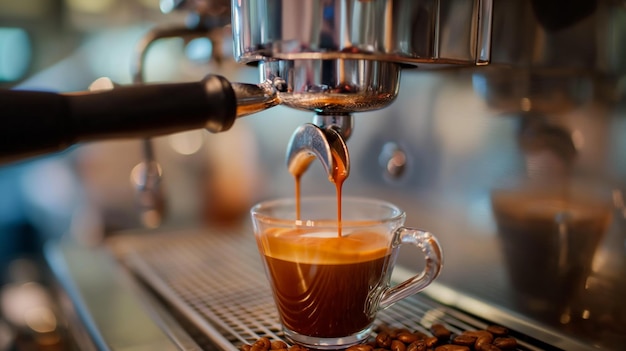 Rijke espresso wordt geëxtraheerd in een heldere espresso beker met de crema zichtbaar op de bovenkant waardoor een perfecte balans van donkere koffie en romige schuim ontstaat