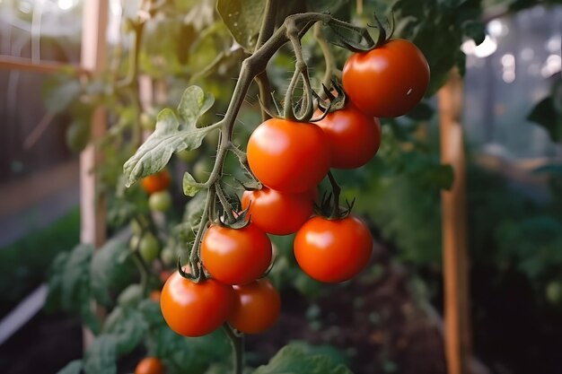 Rijke groene tomaten hangen in een kas Neuraal netwerk gegenereerd in mei 2023