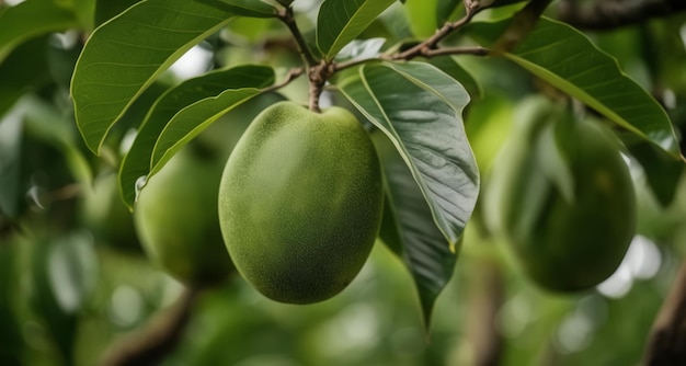 Rijke mango's die aan een boom hangen en klaar zijn voor de oogst
