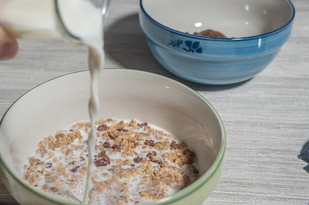 Rijke ontbijtkom met graangewassen, chocolade en melk