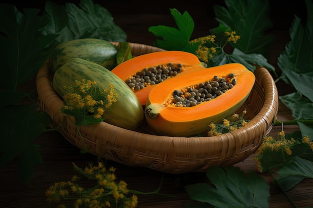 Rijke papaja in strokorf met groene bladeren generatieve IA