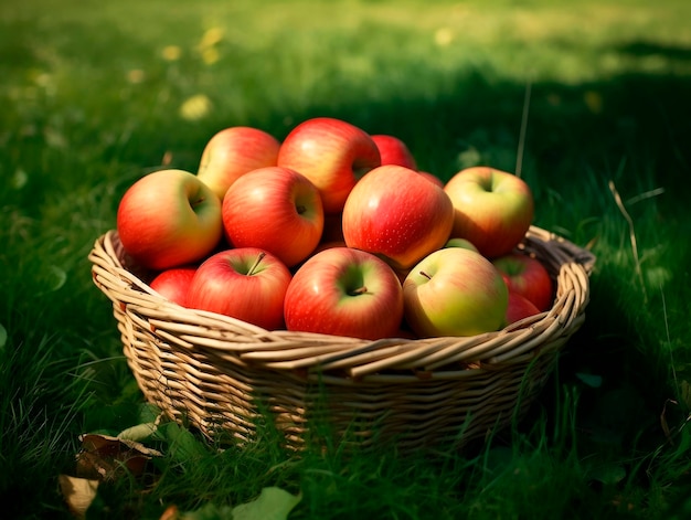 Rijke rode appels in een korf op groen gras