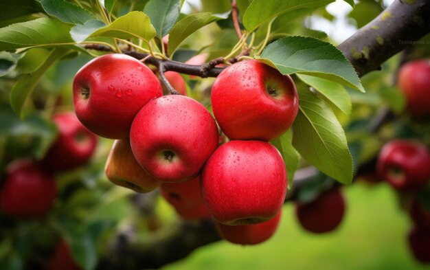 Rijke rode appels versieren de takken van bomen op een appelboerderij