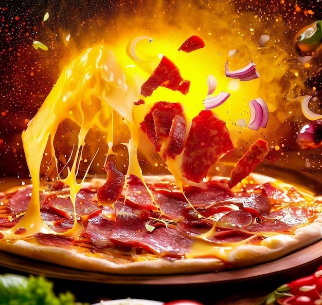 Rijke Rundvlees Kaasachtige Pizza Drijvend Met Ontploffen Sprankelende Vuur Achtergrond