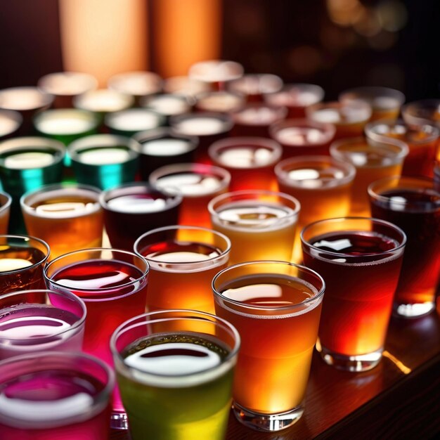 Foto rijn van gevarieerde kleurrijke koude dranken zomerfeest verfrissing in de bar