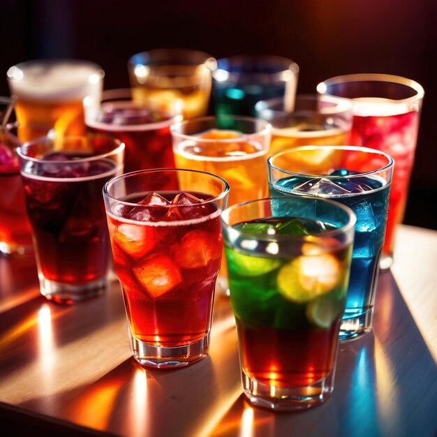 Foto rijn van gevarieerde kleurrijke koude dranken zomerfeest verfrissing in de bar