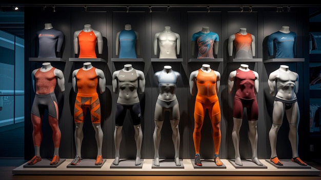 Rijn van kleurrijke sport leggings tentoongesteld in een winkel met een focus op fitness mode