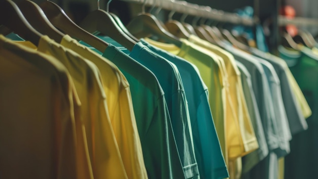 Rijn van kleurrijke T-shirts in een kledingwinkel