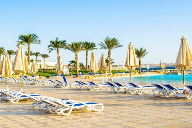 Rijn van ligstoelen bedden houten meubels voor rust gazebo op het zandstrand en in de buurt van het zwembad tropische zee luxe resort zomervakantie in Egypte Afrika op een warme zonnige dag buiten in de zon