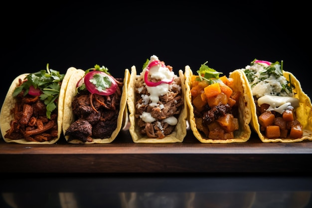 Rijn van Mexicaanse straat tacos op leisteen met carne asada en al pastor in maïs tortilla