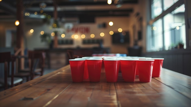 Rijn van rode plastic bekers op een houten bar tafel voor een spel