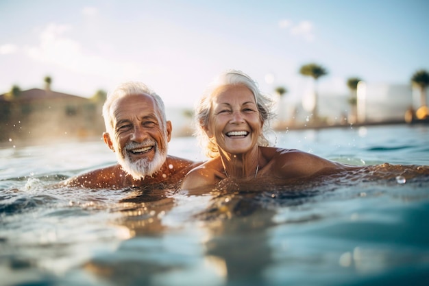 Rijp teruggetrokken echtpaar dat in een pool baadt