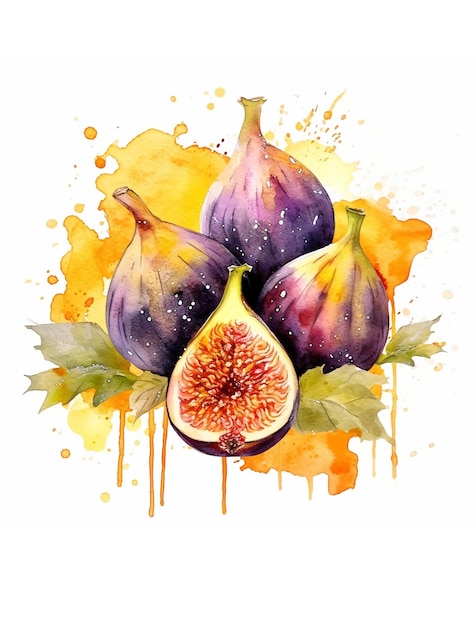 Rijp vijgenfruit en plakjes met bladeren Aquarel stijl handgetekende illustratie