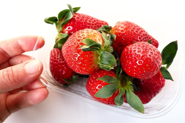 Rijpe aardbeien in een plastic verpakking op een witte achtergrond Heerlijke verse bessen in een container te koop aan klanten Voedsel vers houden Gezonde voeding Woman39s hand met aardbeien