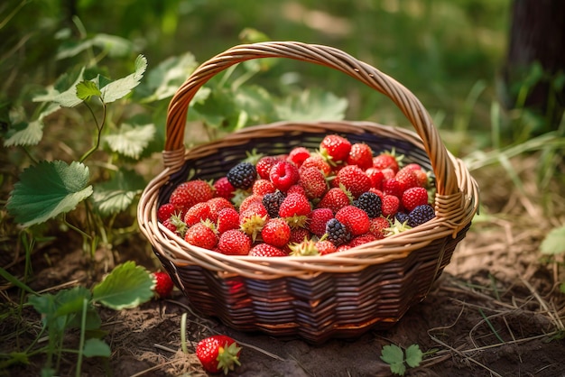 Rijpe aardbeien in een rieten mand op de grond in de tuin Generatieve AI