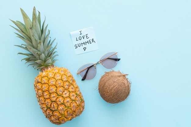 Rijpe ananas en kokosnoot op een blauwe achtergrond Hallo zomer concept