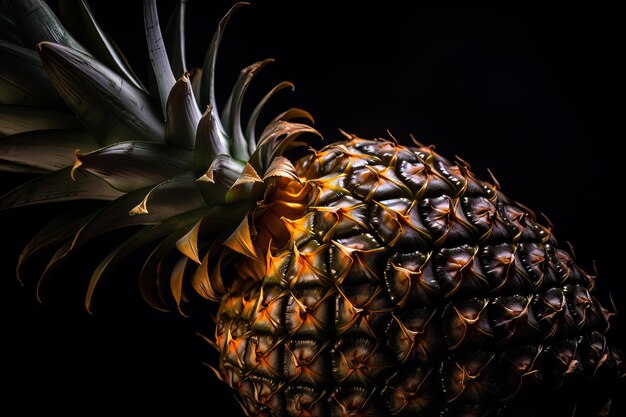 Rijpe ananas op een donkere achtergrond die de sappigheid, zoetheid en het hoge vitaminegehalte benadrukt