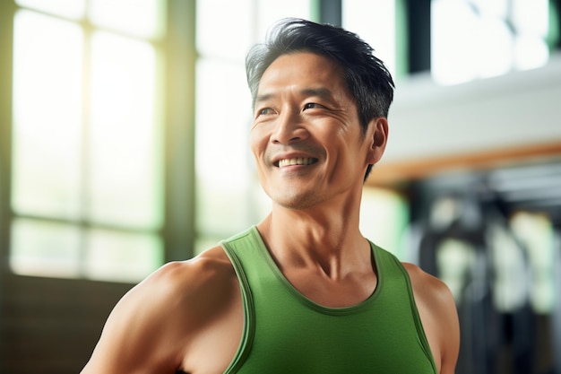 Rijpe Aziatische gymtrainer in groene tanktop met opgewonden uitdrukking
