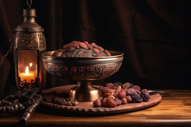 Rijpe dadels op een metalen kom in Arabische stijl met een kleine lamp en kaars in de lamp Moslimfestival Ramadan iftar-concept met een houten kom en dadels Mooie Arabische metalen kom Generatieve AI