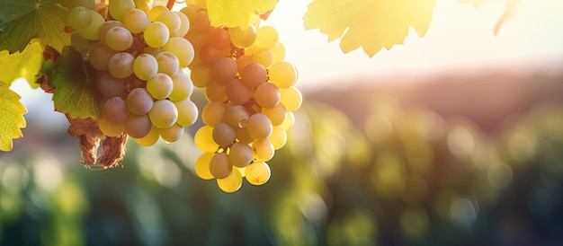 Rijpe druiven aan een wijnstok groeien in een wijngaard bij zonsondergang met selectieve focus en kopieer ruimte Vineyards