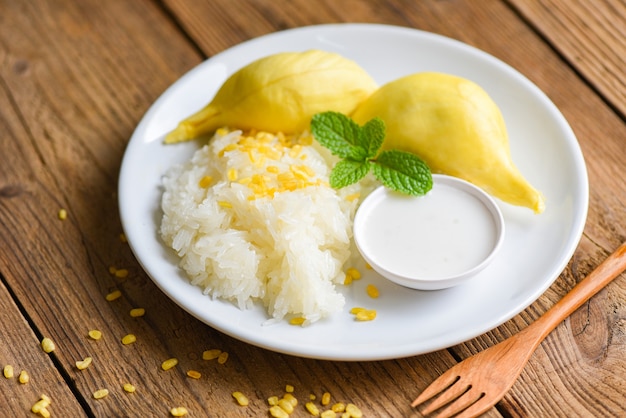Rijpe durian rijst gekookt met kokosmelk Aziatisch Thais dessert tropisch zoet durian schil zomerfruit