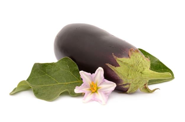 Rijpe en gezonde aubergine die op wit geïsoleerd oppervlak wordt geïsoleerd