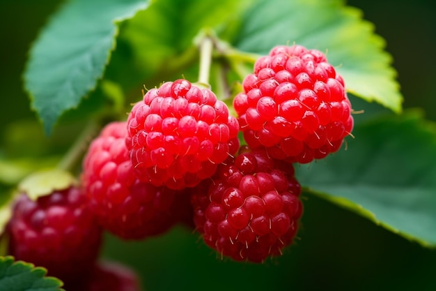 Rijpe frambozen in de tuin Rode zoete bessen groeiende Ai