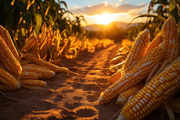 Rijpe maïskorven op een maïsveld achtergrond concept voor de verkoop van maïs Generatieve AI