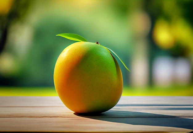 Rijpe mango op een houten tafel tegen de achtergrond van een groene tuin