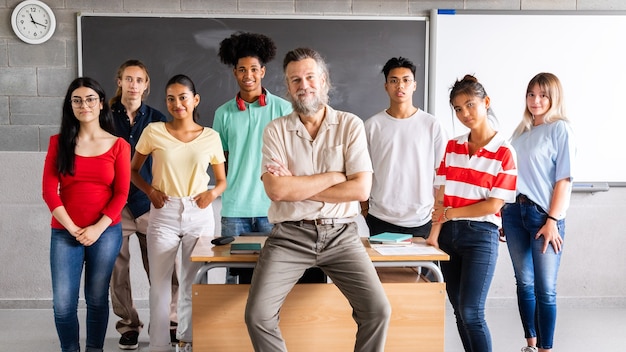 Rijpe mannelijke middelbare schoolleraar met zijn multiraciale groep tienerstudenten die naar de camera kijken. horizontale bannerafbeelding. onderwijsconcept.