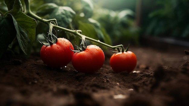 Rijpe rode tomaten groeien op grond Verse landbouw tomatentuin Generatieve AI