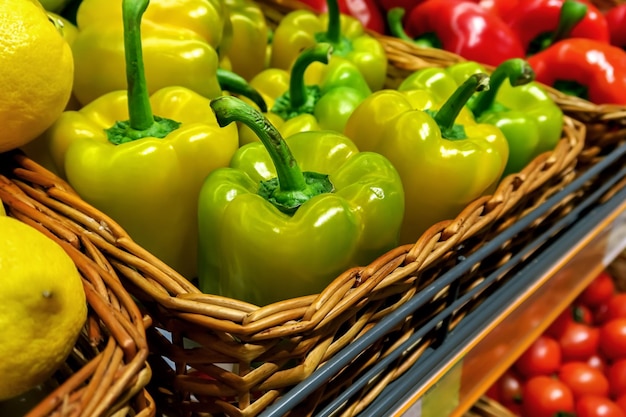 rijpe sappige groene paprika's op de toonbank in de winkel. gezond plantaardig voedselconcept, groen voedsel