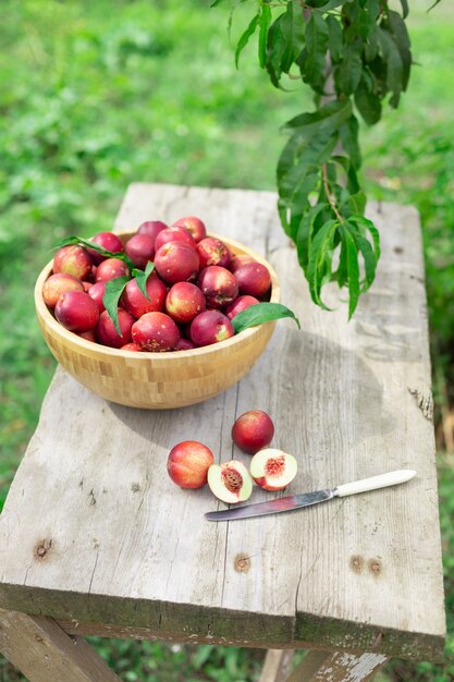 Rijpe sappige nectarines in een houten kom op een houten tafel in de tuin met een mes in rustieke stijl