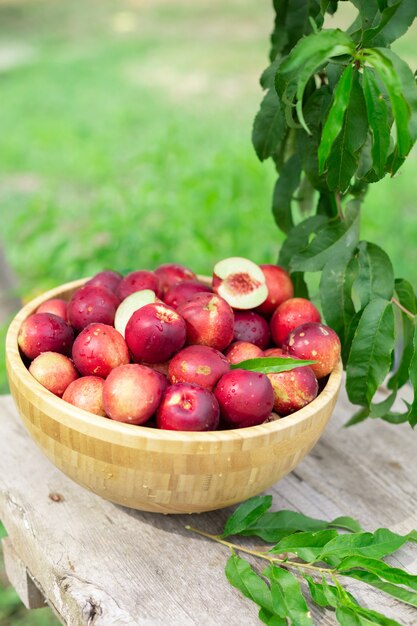 Foto rijpe sappige nectarines in een houten kom op een oude houten tafel in een nectarinetuin