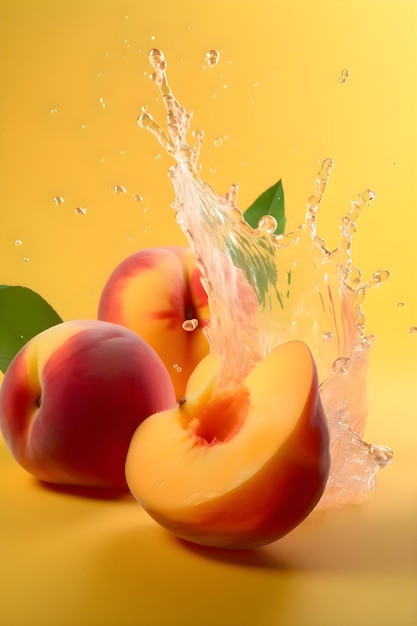Rijpe, sappige perziken met spatten van druppels water of sap op een gele achtergrond Generatieve AI