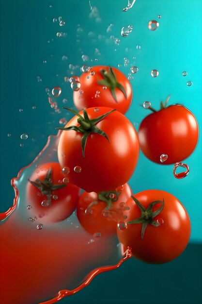 Rijpe sappige tomaten met spatten van druppels water of sap op een blauwe achtergrond Generatieve AI 1