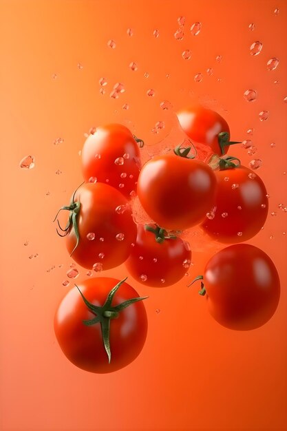 Rijpe, sappige tomaten met spatten van druppels water of sap op een rode achtergrond Generatieve AI 1