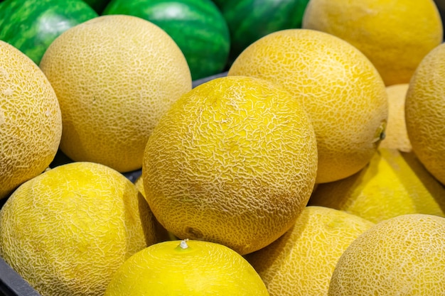 Rijpe sappige zoete meloenen op de toonbank van de supermarkt. Fruit.