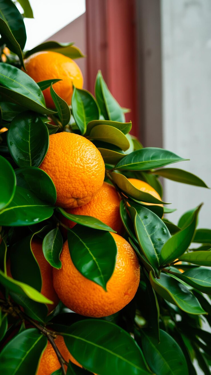 Foto rijpe sinaasappels nesteld tussen groene bladeren